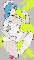 Rule 34 | + +, 1girl, artist name, bandaged arm, bandaged leg, bandages, black choker, blue hair, breasts, choker, cleavage, clenched hands, collarbone, commentary request, cropped legs, dress, eyepatch, gloves, grey background, hair over one eye, hat, highres, large breasts, mask, mouth mask, nurse, nurse cap, one eye covered, paint splatter, ponytail, red eyes, sabi, sabi (6535841), short dress, signature, skullgirls, solo, surgical mask, symbol-only commentary, valentine (skullgirls), white dress