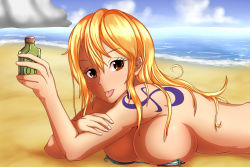 Rule 34 | 1girl, :p, beach, bikini, blonde hair, breasts, highres, large breasts, nami (one piece), one piece, rasen kyuuri, red eyes, solo, swimsuit, tattoo, tongue, tongue out