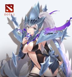 Rule 34 | 1girl, armor, black legwear, blue eyes, breasts, cleavage, dota (series), dota 2, floating, floating object, floating weapon, gauntlets, hair between eyes, helmet, highres, holding, holding sword, holding weapon, in mouth, jewelry, jokanhiyou, knife, long hair, looking at viewer, looking back, navel, necklace, open mouth, pauldrons, personification, ponytail, shadow, shoulder armor, solo, spectre (dota), sword, teeth, torn clothes, torn legwear, weapon, white hair