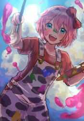 Rule 34 | 1girl, blue eyes, bow, doki doki literature club, happy, open mouth, paint splatter, paint splatter on face, paintbrush, red bow, red shirt, ribbon, sabania 404, sayori (doki doki literature club), shirt, short hair, smile, solo, teeth, upper body, upper teeth only