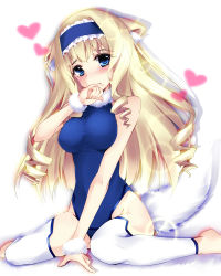 Rule 34 | 10s, 1girl, animal ears, bangle, barefoot, blonde hair, blue eyes, blush, bracelet, breasts, cat ears, cat tail, cecilia alcott, drill hair, eyebrows, hairband, heart, infinite stratos, jewelry, kemonomimi mode, large breasts, leotard, long hair, looking at viewer, natsu (anta tte hitoha), sitting, solo, tail, thighhighs, toeless legwear, wariza, white thighhighs