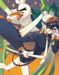 Rule 34 | 1girl, armband, bike shorts, black coat, coat, creatures (company), detached sleeves, fighting miku (project voltage), food, game freak, gen 8 pokemon, gloves, green armband, hand on headwear, hatsune miku, highres, holding, holding food, holding spring onion, holding vegetable, long hair, long sleeves, miri (cherryjelly), multicolored hair, necktie, nintendo, orange trim, pokemon, pokemon (creature), project voltage, side slit, single detached sleeve, sirfetch&#039;d, sparkle, spring onion, thighhighs, twintails, vegetable, very long hair, visor cap, vocaloid, white gloves, white hair, white necktie, white thighhighs, yellow eyes