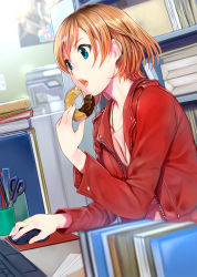 Rule 34 | 1girl, blue eyes, book, book stack, bookshelf, brown hair, collarbone, desk, doughnut, eating, food, from side, hand up, highres, holding, holding food, indoors, jacket, keyboard (computer), long sleeves, mikazuki akira!, miyamori aoi, mouse (computer), open clothes, open jacket, open mouth, pen, printer, red jacket, scissors, shirobako, shirt, short hair, solo, teeth, upper teeth only