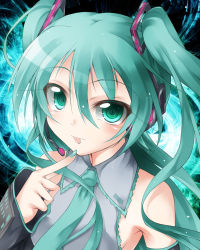 Rule 34 | 1girl, :p, bad id, bad pixiv id, bare shoulders, detached sleeves, finger to own chin, fuyuno taka, green eyes, green hair, hatsune miku, headset, long hair, looking at viewer, matching hair/eyes, nail polish, necktie, solo, tongue, tongue out, twintails, upper body, vocaloid