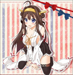Rule 34 | 10s, 1girl, ahoge, blue eyes, blush, boots, breasts squeezed together, breasts, brown hair, brown thighhighs, drooling, full body, headgear, kantai collection, kneeling, kongou (kancolle), large breasts, long hair, miniskirt, nontraditional miko, open mouth, pleated skirt, ribbon-trimmed sleeves, ribbon trim, saliva, sk (buta), skirt, solo, striped, striped background, thigh boots, thighhighs, upper body, v arms, vertical stripes, zettai ryouiki