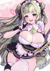 Rule 34 | 1girl, absurdres, apron, ascot, black dress, black gloves, blunt bangs, breasts, broom, cleavage, detached collar, detached sleeves, double bun, dress, frills, gloves, goddess of victory: nikke, green ascot, green hair, hair bun, hands up, heart, highres, holding, holding broom, itsuki isshiki, large breasts, long hair, maid, maid apron, maid headdress, mole, mole on breast, open mouth, puffy short sleeves, puffy sleeves, purple eyes, short sleeves, skindentation, smile, soda (nikke), solo, thighhighs, very long hair, white thighhighs