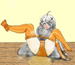 Rule 34 | 1girl, ahoge, arm support, blue eyes, blush, braid, breasts, clothes pull, dress, elbow gloves, embarrassed, female focus, fingerless gloves, full body, gloves, grey dress, grey hair, gusoku, hair ornament, highres, indoors, kizuna akari, leaning back, legs up, long hair, looking at viewer, medium breasts, nose blush, orange gloves, orange panties, orange pantyhose, panties, pantyhose, pantyhose pull, peeing, peeing self, puddle, short sleeves, sitting, solo, spread legs, steam, striped clothes, striped gloves, striped pantyhose, textless version, twin braids, underwear, very long hair, voiceroid, wet, wet clothes, wet panties