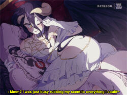 Rule 34 | 1990s (style), 1girl, albedo (overlord), black hair, bluethebone, breasts, cleavage, dakimakura (object), dress, english text, highres, large breasts, long hair, looking at viewer, lying, on bed, on side, one eye closed, overlord (maruyama), paid reward available, pillow, retro artstyle, smile, solo, talking, white dress, yellow eyes