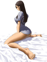 Rule 34 | 1girl, alien1452, ass, bad anatomy, bad feet, barefoot, bed, black hair, bottomless, breasts, brown hair, feet, frown, large breasts, legs, lips, long hair, original, poorly drawn, sad, simple background, sitting, solo, toes
