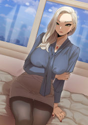 Rule 34 | 1girl, absurdres, ah-lyong lee, arm under breasts, black pantyhose, blonde hair, blue shirt, breast hold, breasts, closed mouth, comic, commentary, cross, cross earrings, curvy, day, dutch angle, earrings, facing viewer, green eyes, grey skirt, hair over shoulder, hand on own arm, highres, indoors, jewelry, large breasts, legs together, long hair, long sleeves, looking at viewer, mature female, miniskirt, mole, mole under eye, nail polish, necklace, on bed, original, panties, panty peek, pantyhose, pencil skirt, red nails, ring, shirt, shirt tucked in, sitting, skirt, solo, underwear, wedding ring, window