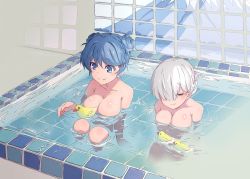 Rule 34 | 10s, 2girls, alternate hairstyle, asaoka (0x0), bathing, bathroom, blue eyes, blue hair, blunt bangs, breasts, cleavage, closed eyes, commentary request, double bun, eyebrows, hair bun, hair ornament, hair over one eye, hair up, hairclip, hamakaze (kancolle), kantai collection, large breasts, multiple girls, nude, partially submerged, ripples, rubber duck, shiny skin, short hair, smile, urakaze (kancolle), water, white hair