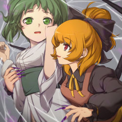 Rule 34 | 2girls, black bow, black shirt, blouse, blush, bow, brown dress, collared shirt, commentary request, cowboy shot, dress, eyes visible through hair, fingernails, green eyes, green hair, green sash, hair bow, high ponytail, holding another&#039;s arm, japanese clothes, kimono, kisume, kurodani yamame, long sleeves, looking at another, medium hair, mikami yuuki (nl8you), multiple girls, nail polish, obi, open mouth, red eyes, ribbon, sash, sharp fingernails, shirt, silk, spider web, standing, touhou, two side up, upper body, white kimono, yellow neckwear, yellow ribbon