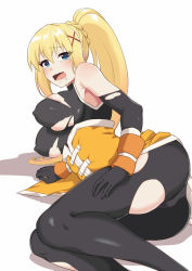 Rule 34 | 1girl, armpit peek, ass, black bodysuit, blonde hair, blue eyes, bodysuit, braid, breasts, cleavage, covered erect nipples, crown braid, darkness (konosuba), drooling, hair between eyes, hair ornament, kono subarashii sekai ni shukufuku wo!, large breasts, legs together, long hair, looking at viewer, lying, miripippo, on side, open mouth, ponytail, saliva, shadow, simple background, skin tight, skindentation, solo, tears, thighs, torn bodysuit, torn clothes, waistcoat, wavy mouth, white background, wrist wrap, x hair ornament