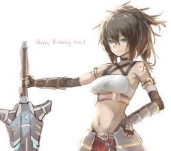 Rule 34 | 1girl, ade (emi-tan), armor, bad id, bad pixiv id, black hair, blue eyes, borrowed character, breasts, choker, elbow gloves, faulds, fingerless gloves, ge-b, gloves, half updo, hand on own hip, happy birthday, huge weapon, midriff, navel, original, ponytail, smile, solo, sword, tattoo, vambraces, weapon