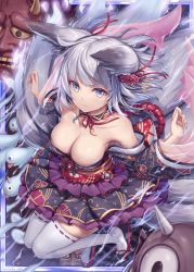 Rule 34 | 1girl, akkijin, animal ears, armpits, bare shoulders, breasts, floral print, fox ears, fox girl, fox tail, frilled skirt, frills, ghost, hair ornament, hitodama, japanese clothes, jewelry, looking at viewer, medium breasts, multiple tails, necklace, official art, purple eyes, shinkai no valkyrie, short hair, silver hair, skirt, sky, tail, thighhighs