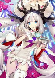 Rule 34 | 1girl, blue eyes, cup, fate/grand order, fate (series), flower, gem, ginka sima, hat, holding, holding cup, long hair, looking at viewer, marie antoinette (fate), marie antoinette (third ascension) (fate), resized, silver hair, solo, teacup, upscaled, waifu2x
