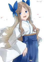 Rule 34 | 1girl, asakaze (kancolle), blue bow, blue eyes, blue hakama, bow, commentary request, cowboy shot, forehead, hair bow, hakama, hakama skirt, highres, japanese clothes, kantai collection, kote (dew), light brown hair, long hair, meiji schoolgirl uniform, one-hour drawing challenge, parted bangs, sidelocks, simple background, skirt, solo, wavy hair, white background