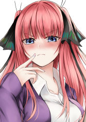 Rule 34 | 1girl, absurdres, black ribbon, blue eyes, blunt bangs, blush, breasts, butterfly hair ornament, cardigan, collarbone, finger to mouth, frown, go-toubun no hanayome, hair ornament, highres, hime cut, hoshinori19, large breasts, long hair, looking at viewer, multicolored nails, nail polish, nakano nino, open cardigan, open clothes, pink hair, purple cardigan, ribbon, school uniform, shirt, sidelocks, simple background, sleeves past wrists, twintails, v-shaped eyebrows, white background, white shirt