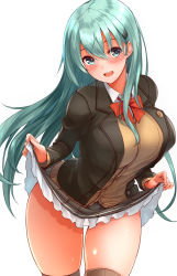 Rule 34 | 10s, 1girl, agarwood, bow, bowtie, breasts, brown thighhighs, clothes lift, green eyes, green hair, hair ornament, hairclip, kantai collection, large breasts, lifted by self, long hair, looking at viewer, red bow, red bowtie, school uniform, shirt, simple background, skirt, skirt lift, smile, solo, standing, suzuya (kancolle), thighhighs, white background, white shirt, wing collar