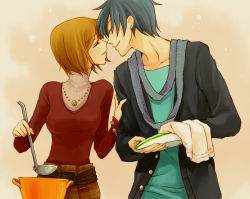 Rule 34 | 1boy, 1girl, belt, blue hair, brown hair, casual, closed eyes, couple, dishes, hetero, imminent kiss, jewelry, kaito (vocaloid), ladle, meiko (vocaloid), meikousei, necklace, scarf, short hair, smile, towel, turtleneck, vocaloid