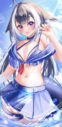 Rule 34 | 1girl, absurdres, ahoge, animal ears, arm tattoo, bikini, bikini under clothes, black hair, blue bikini, blue collar, blue skirt, blush, breasts, cetacean tail, chest tattoo, cleavage, collar, commentary, english commentary, facial tattoo, fang, fins, fish tail, halterneck, highres, indie virtual youtuber, large breasts, long hair, looking at viewer, multicolored hair, navel, open mouth, orca girl, purple eyes, school uniform, see-through, see-through shirt, shylily, shylily (1st costume), skin fang, skirt, stomach tattoo, streaked hair, swimsuit, swimsuit under clothes, tail, tattoo, teca (ryeol), thigh strap, virtual youtuber, water, white hair