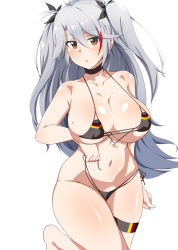 Rule 34 | 1girl, alternate costume, anchor, antenna hair, arm at side, azur lane, bare shoulders, barefoot, bikini, black ribbon, blush, breasts, cleavage, collarbone, flag print, german flag, german flag bikini, hair between eyes, hair ribbon, hand up, head tilt, highres, holding, holding string, large breasts, leg up, long hair, looking at viewer, micro bikini, mole, mole on breast, multicolored hair, navel, orange eyes, parted lips, prinz eugen (azur lane), prinz eugen (unfading smile) (azur lane), red hair, ribbon, seihekiog, shiny skin, side-tie bikini bottom, silver hair, solo, standing, standing on one leg, streaked hair, string, string bikini, swimsuit, thick thighs, thigh strap, thighs, triangle mouth, two side up, underboob, untied bikini, wide hips