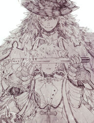 Rule 34 | 2boys, ahoge, arch bishop (ragnarok online), choker, closed mouth, coat, commentary request, cropped jacket, cross, cross necklace, fingerless gloves, flail, gloves, greyscale, hat, height difference, holding, holding hands, holding weapon, jewelry, long hair, long sleeves, male focus, messy hair, monochrome, multiple boys, necklace, ragnarok online, short hair, simple background, smile, tokio (okt0w0), upper body, weapon, witch hat