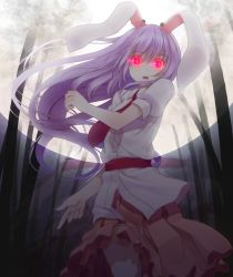 Rule 34 | 1girl, animal ears, backlighting, blouse, collared shirt, cowboy shot, crote, dark, finger gun, from below, full moon, glowing, glowing eyes, gradient background, highres, light purple hair, long hair, looking at viewer, moon, necktie, night, open mouth, outdoors, puffy sleeves, rabbit ears, red eyes, red necktie, reisen udongein inaba, shirt, short sleeves, skirt, solo, striped, striped background, touhou, upskirt, very long hair, white shirt
