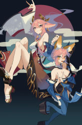 Rule 34 | 2girls, :d, absurdres, animal ear fluff, animal ears, arm up, bare legs, bare shoulders, black footwear, blue kimono, blue sleeves, blue thighhighs, breasts, cleavage, closed mouth, commentary, detached collar, detached sleeves, earrings, english commentary, fang, fangs, fate/extra, fate (series), fox ears, fox girl, fox shadow puppet, fox tail, full body, genshin impact, ghost (tama), gradient eyes, green eyes, hair between eyes, hand up, highres, japanese clothes, jewelry, kimono, knees, knees up, large breasts, leg up, legs, long hair, looking at viewer, lower teeth only, medium breasts, multicolored eyes, multiple girls, okobo, open mouth, pink hair, platform clogs, platform footwear, purple eyes, sandals, shirt, sideboob, sidelocks, skin fang, smile, tail, tamamo (fate), tamamo no mae (fate/extra), teeth, thighhighs, trait connection, white shirt, wide sleeves, yae miko, yellow eyes, zettai ryouiki