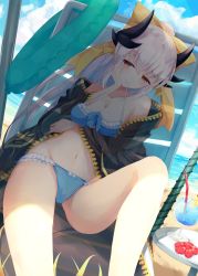 Rule 34 | 1girl, aqua hair, bare legs, beach, bikini, blue bikini, blue sky, bow, chair, cup, day, drink, drinking glass, drinking straw, fate/grand order, fate (series), hair bow, half-closed eyes, hand on own cheek, hand on own face, highres, horns, igayan, innertube, kiyohime (fate), kiyohime (fate/grand order), kiyohime (swimsuit lancer) (fate), kiyohime (swimsuit lancer) (third ascension) (fate), long hair, looking at viewer, lounge chair, mouth hold, navel, ocean, outdoors, ponytail, sand, sitting, sky, smile, solo, summer, swim ring, swimsuit, table, yellow bow, yellow eyes