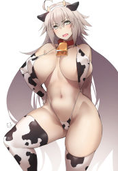 Rule 34 | 1girl, ahoge, animal ears, animal print, bell, blush, breasts, cleavage, collar, cow ears, cow print, cowbell, fake animal ears, fate/grand order, fate (series), grey hair, highres, jeanne d&#039;arc (fate), jeanne d&#039;arc alter (avenger) (fate), jeanne d&#039;arc alter (fate), kuronyan, large breasts, long hair, looking at viewer, navel, neck bell, one-piece swimsuit, open mouth, slingshot swimsuit, solo, swimsuit, thighs, very long hair, white one-piece swimsuit, yellow eyes