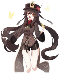 Rule 34 | 1girl, :d, absurdres, black hair, black hat, black shorts, brown shirt, collared shirt, cropped legs, fang, flat chest, flower, genshin impact, hat, hat flower, highres, hu tao (genshin impact), long hair, long sleeves, looking at viewer, open mouth, rable, red eyes, shirt, short shorts, shorts, smile, solo, star-shaped pupils, star (symbol), symbol-shaped pupils, thighs, twintails, very long hair, waist cape