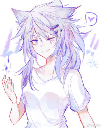 Rule 34 | 1girl, animal ears, arknights, blue eyes, casual, chinese commentary, collarbone, hair ornament, heart, highres, lappland (arknights), messy hair, one eye closed, originium arts (arknights), scar, scar across eye, scar on face, shirt, simple background, sketch, solo, spoken heart, standing, t-shirt, teeth, upper body, weibo watermark, white background, white hair, white shirt, wolf ears, zuo daoxing