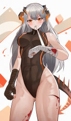 Rule 34 | 1girl, abs, absurdres, arknights, bandaged arm, bandages, bare shoulders, black leotard, blush, commentary request, cowboy shot, earrings, gluteal fold, groin, he c92, highres, horns, huge filesize, jewelry, leotard, long hair, mouth hold, orange eyes, saria (arknights), silver hair, solo, standing, stud earrings, teeth hold, thighs