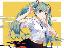 Rule 34 | 1girl, arm up, black skirt, blue eyes, double ok sign, green hair, hair between eyes, hand up, hatsune miku, highres, long hair, midriff peek, navel, ok sign, orange background, parted lips, shirt, short sleeves, skirt, solo, twintails, two-tone background, very long hair, vocaloid, white background, white shirt, yue yue