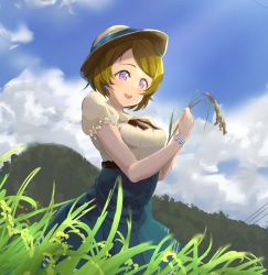 Rule 34 | 1girl, aqua flower, aqua skirt, artist name, artist request, belt, blue sky, blush, bow, bowtie, bracelet, breasts, brown belt, brown bow, brown hair, brown hat, buttons, cloud, collared dress, day, dress, earrings, female focus, flower, frilled sleeves, frills, grass, hair between eyes, hat, hat bow, hat flower, highres, holding, jewelry, koizumi hanayo, looking at viewer, love live!, love live! school idol festival, love live! school idol project, medium breasts, miniskirt, mountain, outdoors, parted lips, plaid, plaid dress, plaid skirt, pleated, pleated dress, pleated skirt, puffy short sleeves, puffy sleeves, purple eyes, short hair, short sleeves, skirt, sky, smile, solo, striped, striped bow, white dress, wing collar