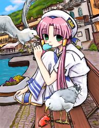 Rule 34 | 1girl, absurdres, animal, aria (manga), aria company uniform, bench, beret, bird, blunt ends, blush, bubbacterial, building, cloud, day, dress, eating, food, gold trim, green eyes, hair tubes, hat, hat ribbon, highres, holding, holding food, holding popsicle, knees up, looking at viewer, mizunashi akari, outdoors, parted bangs, pink hair, popsicle, ribbon, sailor collar, seagull, short hair with long locks, short sleeves, sitting, sky, solo, white dress, white hat
