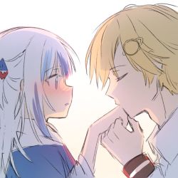 Rule 34 | 2girls, blonde hair, blue eyes, blue hair, blush, closed eyes, gawr gura, hair ornament, holding hands, hololive, hololive english, kiss, kissing hand, looking at another, misaki d3su, multicolored hair, multiple girls, shark hair ornament, streaked hair, virtual youtuber, watson amelia, white hair, yuri
