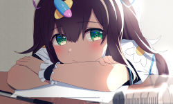 Rule 34 | 1girl, blush, crossed arms, green eyes, hanamori healthy, highres, long hair, looking at viewer, makoto (bk69and7), melty+, paper, pen, portrait, simple background, solo, syringe, table, virtual youtuber