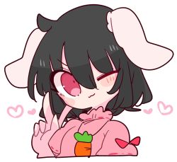 Rule 34 | 1girl, :3, animal ears, black hair, carrot necklace, dress, floppy ears, frilled sleeves, frills, heart, highres, inaba tewi, looking at viewer, necklace, one eye closed, op na yarou, pink dress, puffy short sleeves, puffy sleeves, rabbit ears, red eyes, short hair, short sleeves, simple background, solo, touhou, v, wavy hair, white background