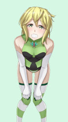 Rule 34 | 1girl, absurdres, akatsuki kirika, bad id, bad pixiv id, bare shoulders, blush, breasts, commentary request, elbow gloves, gloves, gluteal fold, green eyes, green leotard, hair between eyes, highres, leotard, looking at viewer, medium breasts, olive (u7mes1x), parted lips, senki zesshou symphogear, shiny skin, short hair, smile, solo, standing, striped clothes, striped thighhighs, teeth, thighhighs, white gloves