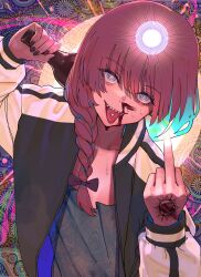Rule 34 | 1girl, absurdres, black jacket, black nails, blue eyes, bocchi the rock!, bottle, braid, grey shirt, highres, hiroi kikuri, holding, holding bottle, jacket, looking at viewer, middle finger, open clothes, open jacket, oshiri seijin, pink hair, psychedelic, sharp teeth, shirt, single braid, solo, teeth, tongue, tongue out