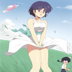 Rule 34 | 1boy, 1girl, bare arms, bare legs, black hair, black pants, blue eyes, blue sky, blush, bow, braid, breasts, clothes lift, cloud, covering privates, covering crotch, dress, dress lift, flower, grass, hat, hat bow, hill, kj (k777), outdoors, pants, ranma 1/2, saotome ranma, shirt, short hair, single braid, sky, surprised, tendou akane, white dress, white shirt, wide-eyed, wind, wind lift
