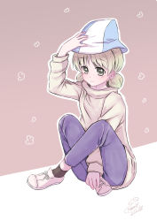 Rule 34 | 1girl, absurdres, adjusting clothes, adjusting headwear, aki (girls und panzer), artist name, black socks, blue headwear, blue pants, casual, closed mouth, dated, full body, girls und panzer, green eyes, grey background, highres, indian style, itsumip, light brown hair, long sleeves, looking at viewer, low twintails, outline, pants, shoes, short hair, short twintails, signature, sitting, smile, sneakers, socks, solo, sweater, tulip hat, twintails, white footwear, white outline, white sweater