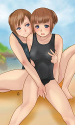 Rule 34 | 00s, 2girls, black one-piece swimsuit, blue eyes, blush, breasts, brown hair, cloritin, final fantasy, final fantasy xi, fingering, grabbing, grabbing another&#039;s breast, hume, multiple girls, one-piece swimsuit, school swimsuit, short hair, swimsuit, yuri