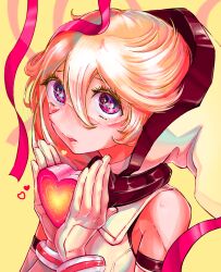 Rule 34 | 1girl, aygoftenover, bare shoulders, blonde hair, blush, hair between eyes, hands up, heart, highres, holding, holding heart, hooded leotard, looking at viewer, open mouth, pink eyes, short hair, shy (character), shy (series), simple background, solo, yellow background