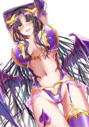 Rule 34 | 1girl, bad id, bad pixiv id, black hair, blush, breasts, cameltoe, commentary, cosplay, costume, craft essence (fate), demon girl, demon horns, demon tail, demon wings, facial mark, fate/grand order, fate (series), forehead mark, forehead tattoo, halloween, halloween costume, highres, horns, huge breasts, irisviel von einzbern, irisviel von einzbern (cosplay), irisviel von einzbern (halloween princess), long hair, looking at viewer, navel, open mouth, parted bangs, sessyoin kiara, simple background, smile, solo, standing, tail, very long hair, white background, wings, yellow eyes, yumeneko nyaa