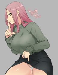 Rule 34 | 1girl, 2021, agawa ryou, breasts, brown eyes, dated, finger to mouth, green sweater, grey background, large breasts, long hair, looking at viewer, original, panties, pink hair, simple background, smile, solo, sweater, thick thighs, thighs, underwear, white panties