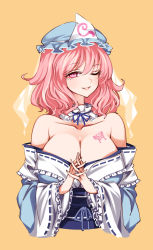 Rule 34 | 1girl, bare shoulders, belt, blue belt, blue bow, blue dress, blue hat, blue kimono, blue neckwear, blue sleeves, bow, breast tattoo, breasts, closed mouth, dress, frills, hair between eyes, hat, highres, japanese clothes, kimono, large breasts, long sleeves, looking at viewer, mob cap, one eye closed, pink eyes, pink hair, raptor7, saigyouji yuyuko, short hair, simple background, smile, solo, tattoo, teeth, touhou, triangular headpiece, upper body, white neckwear, wide sleeves, yellow background