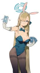 Rule 34 | 1girl, animal ears, asuna (blue archive), asuna (bunny) (blue archive), bare shoulders, blue archive, blue eyes, blue leotard, blush, bow, bowtie, breasts, brown pantyhose, cleavage, detached collar, elbow gloves, fake animal ears, gloves, hair over one eye, highleg, highleg leotard, highres, large breasts, leotard, light brown hair, long hair, looking at viewer, mole, mole on breast, pantyhose, playboy bunny, rabbit ears, thighs, traditional bowtie, urayamashiro (artist), white gloves